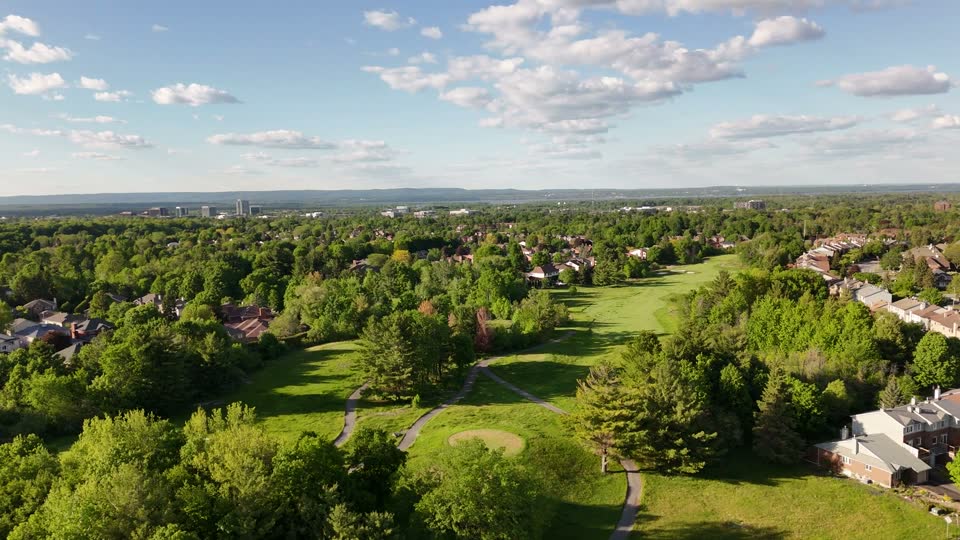 Aerial flyover of Kanata Lakes golf course fairway corridor
